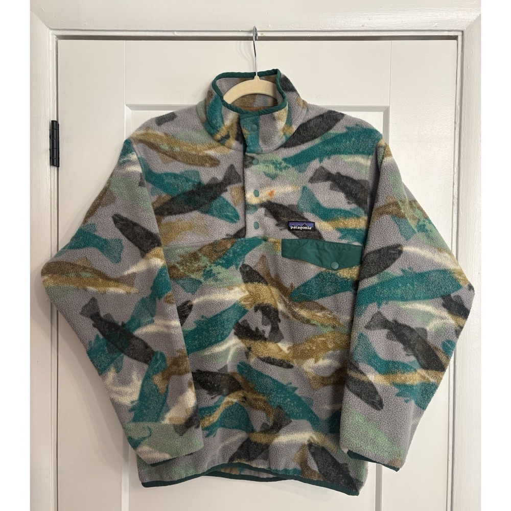 Patagonia Men's X-Small Synchilla Snap-T Fleece Pullover Trout Tales Fish Rare